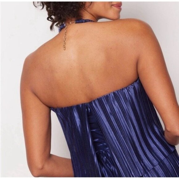 AMANDA UPRICHARD Collina Crinkle Jumpsuit Navy Size XS Pleated Strapless - Picture 2 of 14